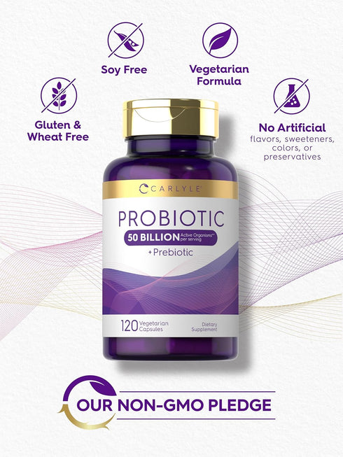 Carlyle Probiotics with Prebiotics, 120 Capsules, 50 Billion Active Organisms, Non-GMO & Gluten Free