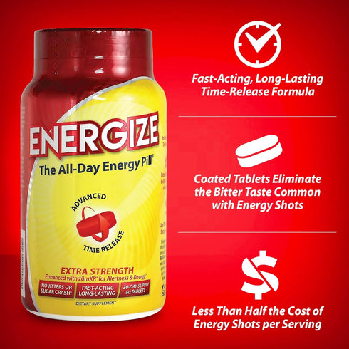 Energize Extra Strength Caffeine Pills - Fast Acting Energy Support for Men & Women (60 Tablets)