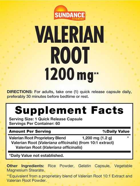 Valerian Root 1,200mg | 60 Quick Release Capsules | Herbal Supplement | Non-GMO and Gluten Free Formula | by Sundance
