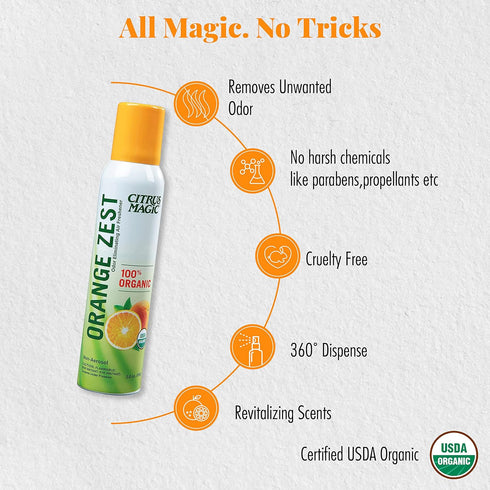 Citrus Magic Organic Natural Odor Eliminating Air Freshener Spray, 3-Ounce, Orange Zest, Pack of 3