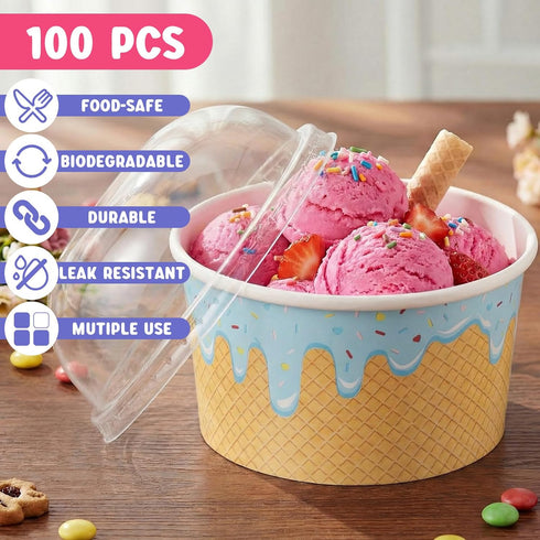 Jingmore 100 Count (8 oz) Paper Ice Cream Cups with Clear Dome Lids Disposable Dessert Cups Bulk Dessert Bowls Sundae