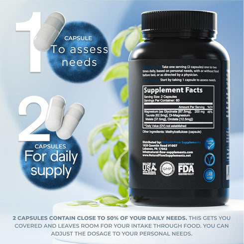 Natural Flow 4X Magnesium Supplement, 120 Capsules Magnesium Glycinate, Taurate, Malate, Orotate Complex for Calm Sleep