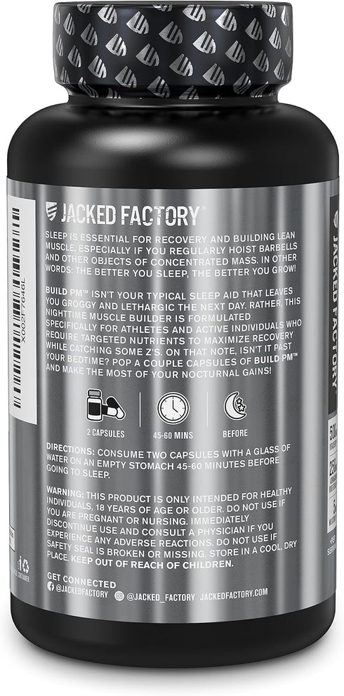 Jacked Factory Build PM Night Time Muscle Builder & Sleep Aid Supplement with VitaCherry, Ashwagandha, Melatonin - 60