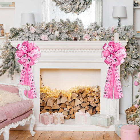 Whaline 6 Rolls Christmas Wired Edge Ribbon 30 Yards Pink Buffalo Plaid Santa Snowman Snowflake for Gift Wrapping Crafts