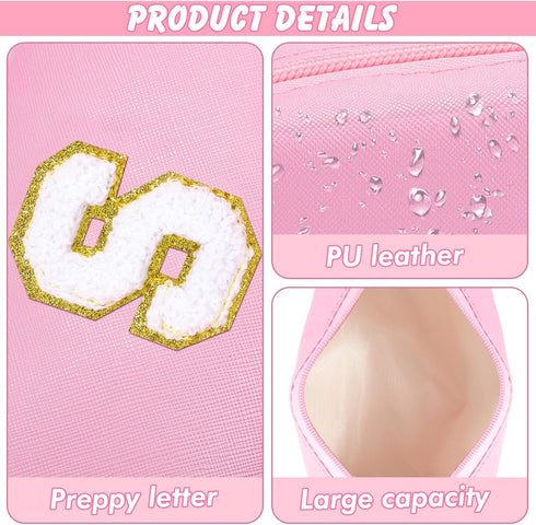 Pink PU Makeup Pouch - Personalized Preppy Initial Cosmetic Bag for Women, Small Travel Skin Care Stuff (S)