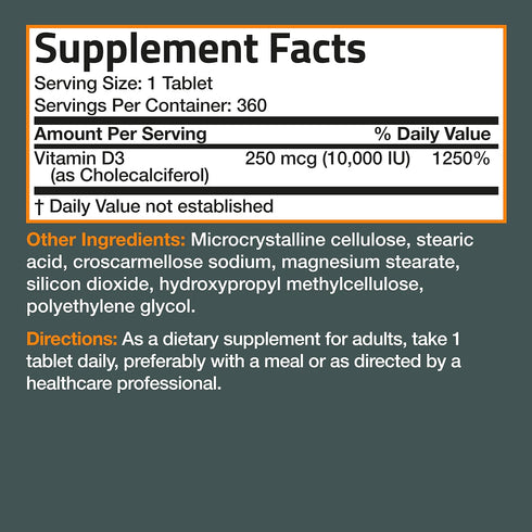 Bronson Vitamin D3 10,000 IU (250 MCG), 360 Tablets - 1 Year Supply for Muscle Function & Immune Support