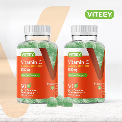 Vitamin C Gummies for Adults & Teens, 1050mg Maximum Strength - Immune Support Gummies - Immune Booster - Vegan, Gelatin Free-Tasty Vitamin C Chewable Sour Apple Flavored Gummy-90 Count (Pack of 2)