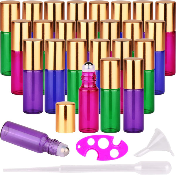 MaxMau 24 Pack Essential Oils Roller Bottles, 5ml Colourful Roll On Bottles with Steel Roller Balls