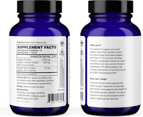 Ora Organic Turmeric Curcumin with Piperine, Pure Extracts for Joint Stress, Cardiovascular Health, 90 Vegan Tablets