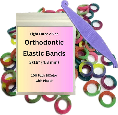 1/8 Inch Orthodontic Elastic Rubber Bands, 100 Pack, Bi-Color, Heavyweight Small Rubberbands for Dreadlocks, Braces