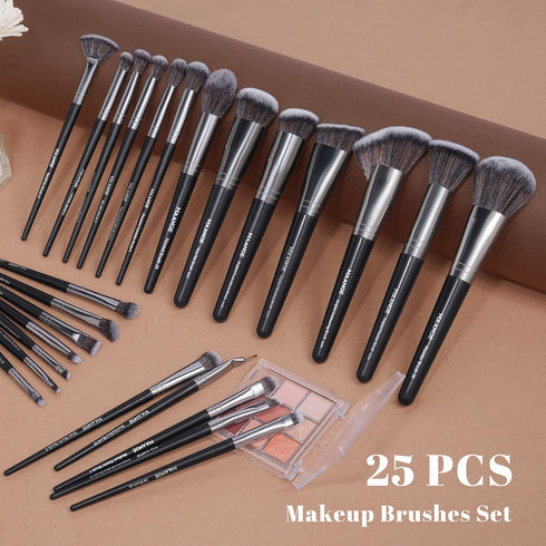 MAANGE Makeup Brushes, 25pcs Premium Synthetic Brush Set with Gift Box for Foundation, Blush, and Eyeshadow (Black)