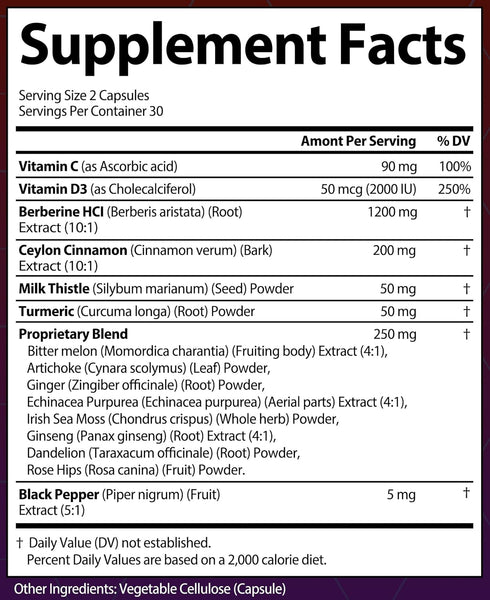 Immunity Berberine with Ceylon Cinnamon Supplement, Milk Thistle, Turmeric Bitter Melon for Digestion, & Entire Body