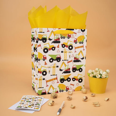 wishinside 13" Set -10.2x5.2x13, 1 Large Construction Vehicle Gift Bag with Greeting Card and Tissue Paper (Yellow Car