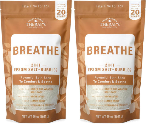 Village Naturals Breathe Foaming Body Soak, Epsom Salt, Essential Oils, 36 oz, Pack of 2