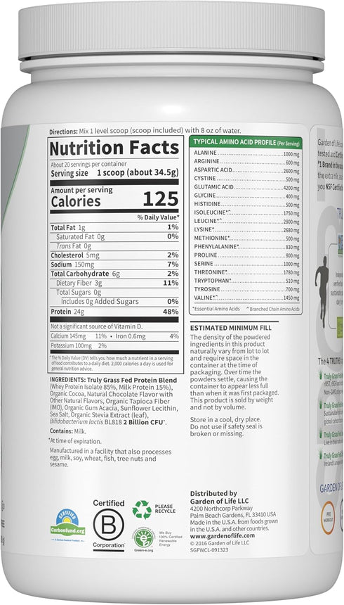 Garden of Life Sport Whey Protein Powder - Chocolate, Premium Grass Fed Whey Protein Isolate, 24g Protein, 20 Servings