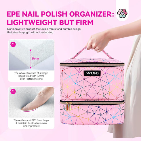SAVILAND Nail Polish Organizer Bag: PU Leather Storage for 30 Bottles & Nail Lamp, Travel Case for Nail Tech Supplies