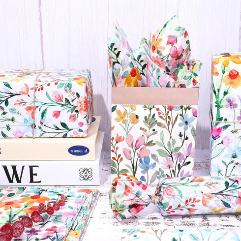 Whaline 100 Sheets Floral Tissue Paper, 13.7 x 19.6 Inch Watercolor Flower Gift Wrapping for Spring Weddings