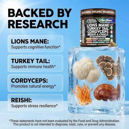 Immune 60 AuraShroom Mushroom Supplement Lions Mane Turkey Tail Cordyceps Reishi Shiitake Chaga Oyster Stress Relief