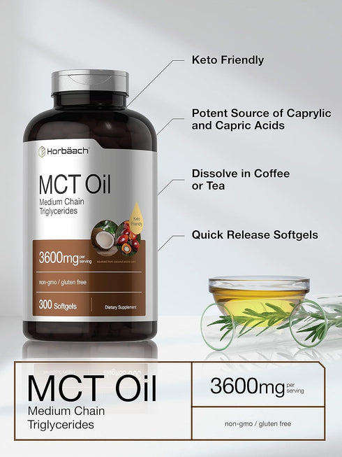 Horbaeach Keto MCT Oil Capsules 3600mg | 300 Softgels | Coconut Oil Pills, Non-GMO and Gluten Free