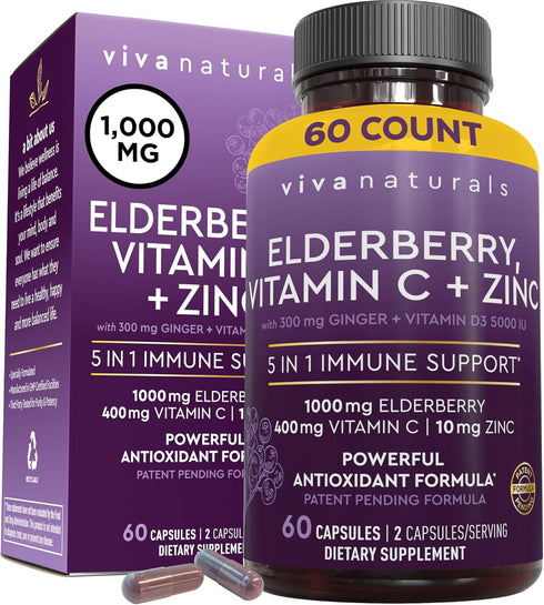 Viva Naturals Sambucus Elderberry with Zinc and Vitamin C for Adults - Vitamin D 5000 IU and Ginger - Immune Support