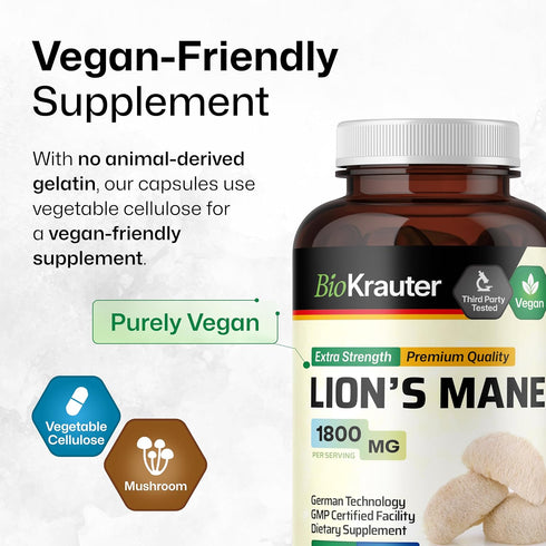 Lions Mane Supplement Capsules - Vegan, Organic Lion’s Mane Mushroom for Cognitive Function | 3 Months Supply