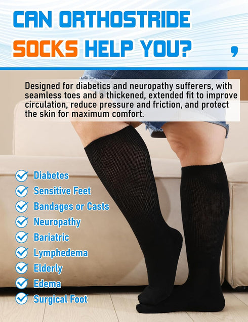 Orthostride 3 Wide Diabetic Socks for Men Women Plus Size, Extra Long Edema Sock with Thickened Sole, Non-Binding Loose