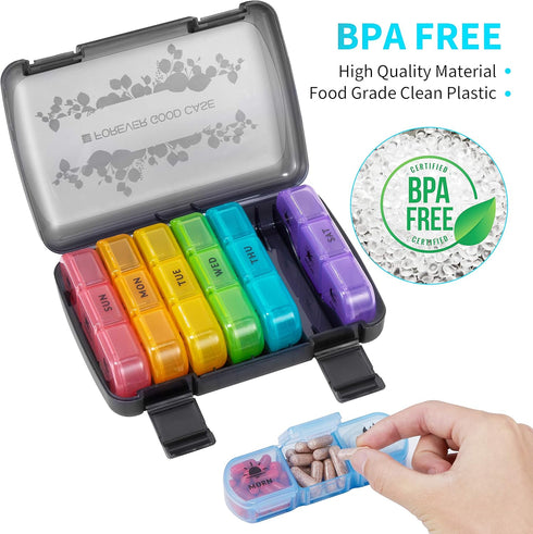 FGcase Pill Organizer 3 Times a Day, Large Weekly Pill Case with Travel Case, 21 Compartments, Rainbow Black