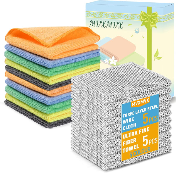MVXMVX Non Scratch Wire Dishcloth and Microfiber Cleaning Cloth 10pcs-Multipurpose Wire Dishwashing Rags