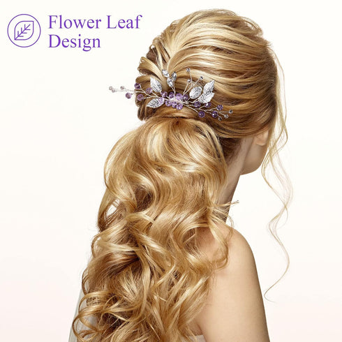 PAGOW 2PCS Leaf Hair Combs, Purple Rhinestone Hair Clips for Women, Girls, Bride, Bridesmaid