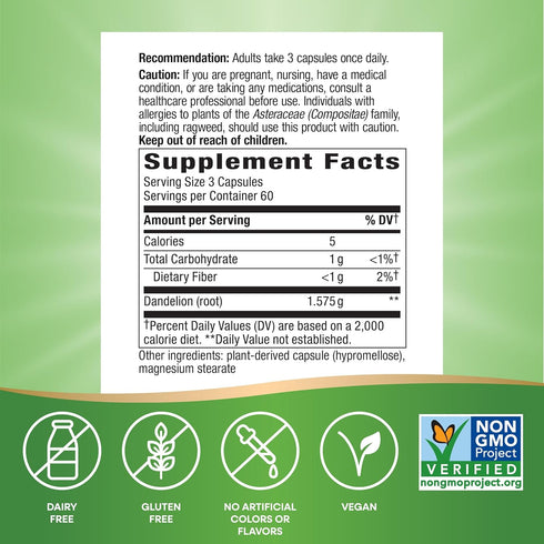 Nature's Way Dandelion Root, Traditional Diuretic Herb*, Vegan, 180 Capsules (Packaging May Vary)