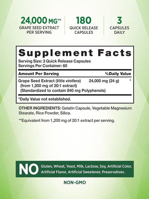Nature's Truth Grape Seed Extract 24,000mg | 180 Capsules | Standardized Extract Supplement | Non-GMO & Gluten Free Formula