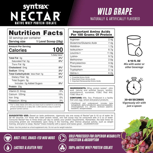 Syntrax Nutrition Nectar, 100% Whey Isolate Protein Powder, Wild Grape Flavor, 2 lbs
