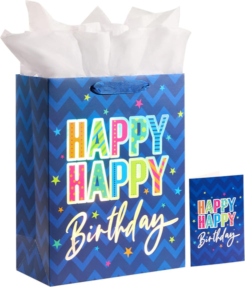 SUNCOLOR 13" Large Happy Birthday Gift Bag with Card and Tissue Paper (Blue Happy Birthday)