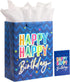 SUNCOLOR 13" Large Happy Birthday Gift Bag with Card and Tissue Paper (Blue Happy Birthday)