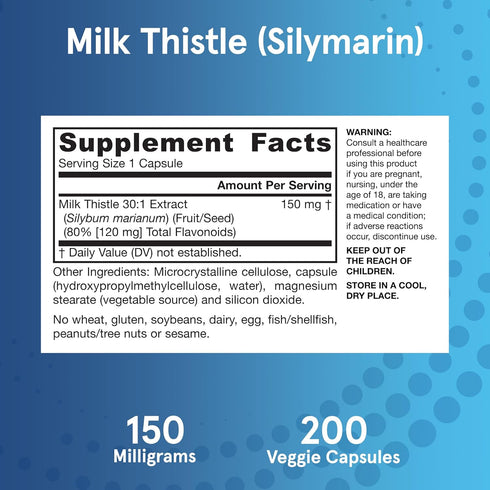 Jarrow Formulas Milk Thistle 150 mg, 30:1 Standardized Silymarin Extract, Dietary Supplement for Liver Function, 200