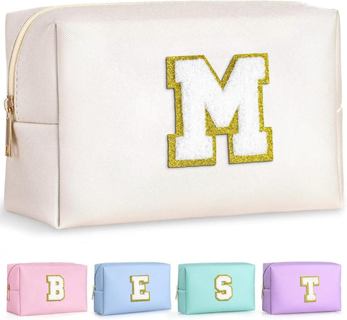 Monogrammed Gifts for Women, Preppy Small Makeup Bag, Personalized Travel Toiletry Bag, Birthday Gift for Girl (White M)