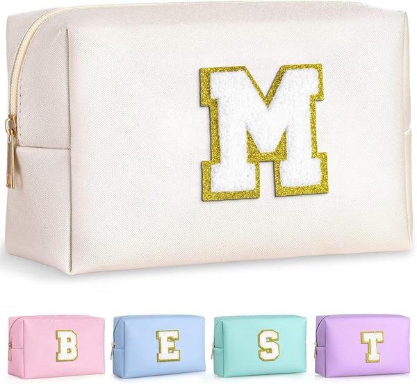 Monogrammed Gifts for Women, Preppy Small Makeup Bag, Personalized Travel Toiletry Bag, Birthday Gift for Girl (White M)