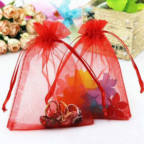 50pc Red Organza Sheer Fabric Gifts Wrap Bags, Drawstring Sachet for Baby Shower Favor, Coin, Necklace, Festival Decor