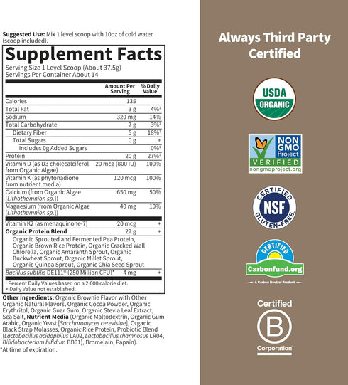 Garden of Life Organic Vegan Protein Powder - 20g Plant Based Protein with Calcium, D3, K2 MK-7, Magnesium, Prebiotics,