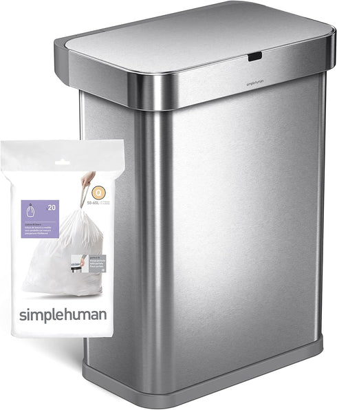Packs, 20 Count, 50-65 13.2-17.2 simplehuman Code Q Custom Fit Drawstring Trash Bags in Dispenser Liter / Gallon, White