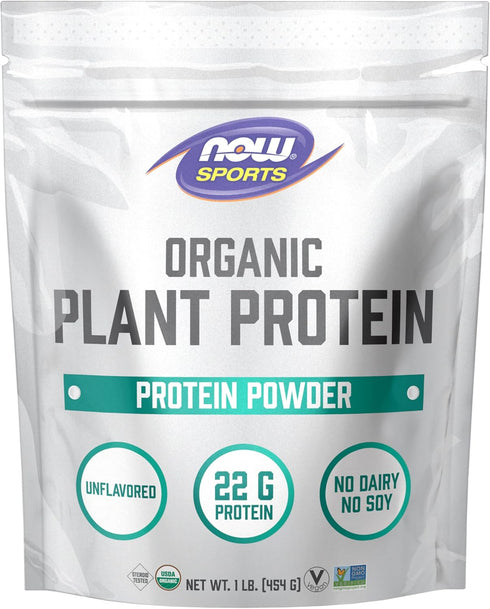 NOW Foods Sports Organic Plant Protein, Unflavored Vegan Powder, 1 lb