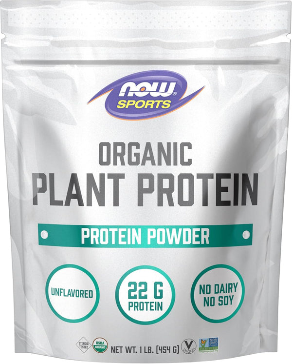 NOW Foods Sports Organic Plant Protein, Unflavored Vegan Powder, 1 lb