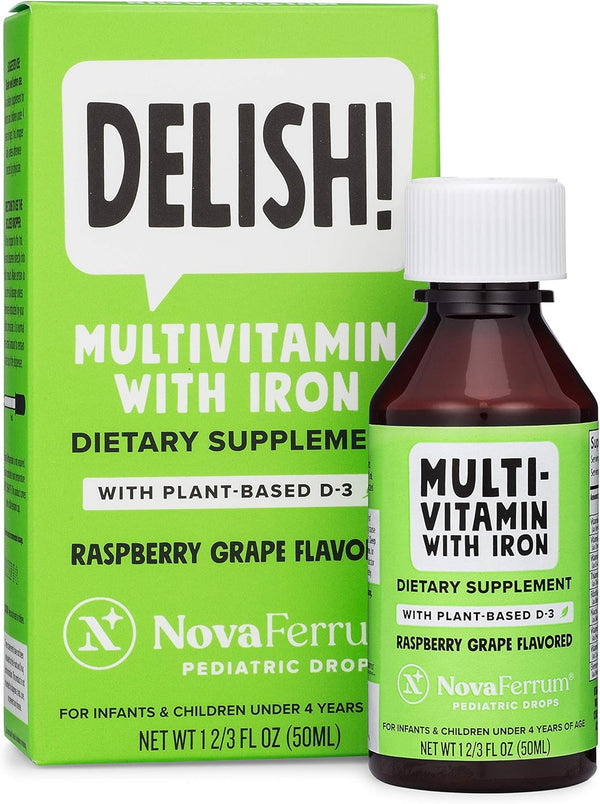 NovaFerrum Delish Vegan Multivitamin with Iron for Infants, Toddlers & Kids | Organic Plant-Based D-3 | 1.69 Fl Oz