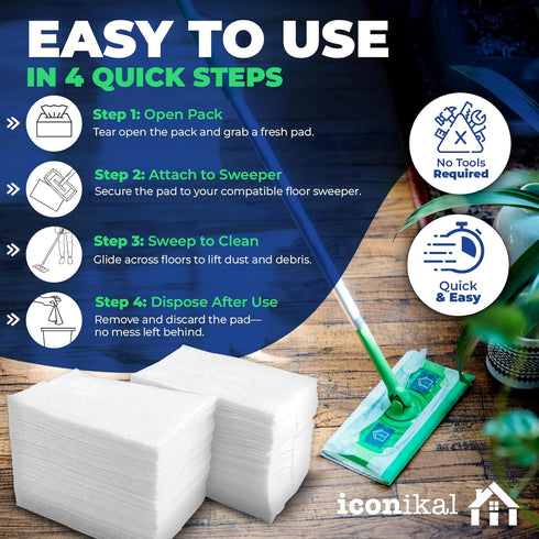 Iconikal Dry Mop Pad Refills (90-Pack) - Unscented Disposable Mop Pads for Sweeping, Mopping, Dusting - Fits Swiffer