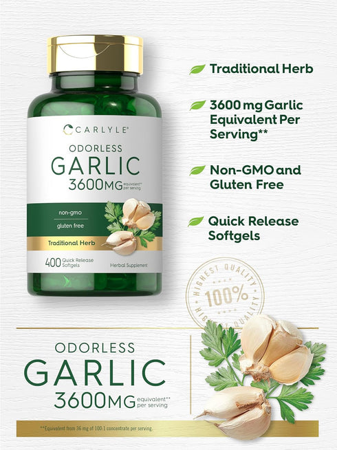 Carlyle Odorless Garlic Extract 3600mg - 400 Count, Non-GMO, Gluten Free Supplement