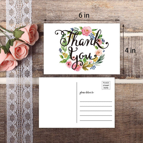 50 Thank You Postcards, Blank Thank You Note Card, Floral Watercolor Calligraphy Stationery for Wedding, Bridal or Baby