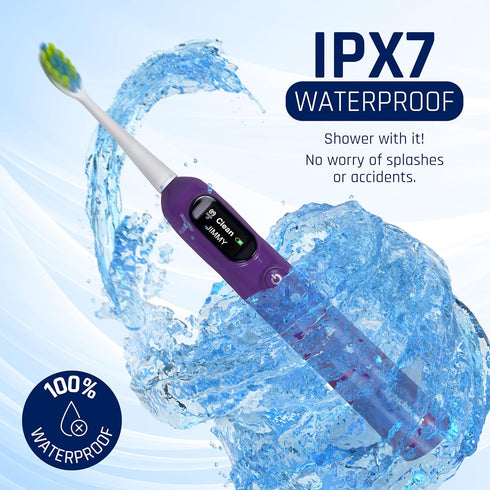 Purple Electric Toothbrush with Travel Case & 4 Vibrating German Pedex Brush Heads, 5 Modes, Rechargeable Power