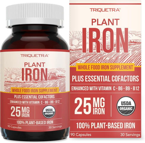 Organic Iron Whole Food Iron Supplement & Cofactors, 25 mg Elemental Iron, 90 Capsules, Blood Health Support
