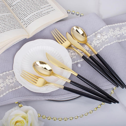 I00000 60 Pcs Gold Silverware Set, Heavy Duty Black and Gold Plastic Cutlery, Includes 20 Forks, 20 Knives, 20 Spoons