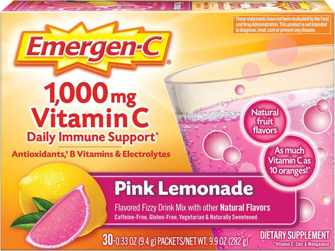 Emergen-C 1000mg Vitamin C Powder, Immunity Supplements, Pink Lemonade Flavor, 30 Count